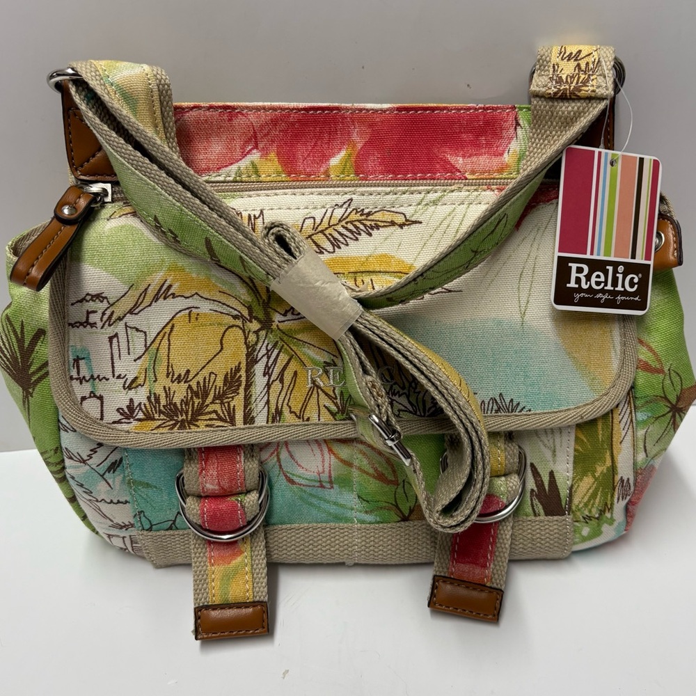 Relic Tropical Floral Print Canvas Crossbody Neutrals NWT